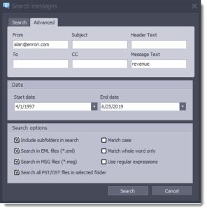 Screen image of advanced .eml and email search form.