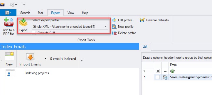 Screen image of MailDex software with XML export profile selected. Convert EML to XML with MailDex.